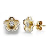 18K PENDIENTES ORO BICOLOR FLOR CIRCONITA 8 MM CIERRE PRESION