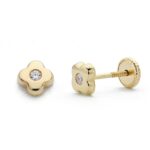 18K PENDIENTES ORO AMARILLO TUERCA TREBOL CIRCONITA 5 MM
