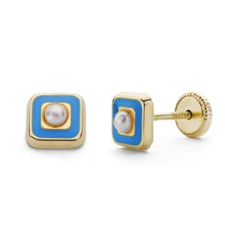 18K PENDIENTES ORO AMARILLO PERLA Y ESMALTE AZUL 5 MM CIERRE TUERCA