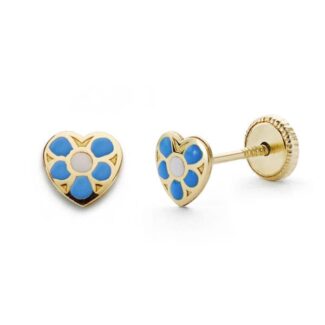 18K PENDIENTES ORO AMARILLO CORAZON AZUL, 5X5 MM CIERRE TUERCA