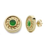 18K PENDIENTES REDONDOS PIEDRA VERDE ORO AMARILLO 11 MM CIERRE PRESION