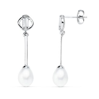 9K PENDIENTES LARGOS ORO BLANCO PERLA CIERRE PRESION