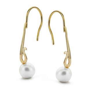 18K PENDIENTES LARGOS PERLA ORO AMARILLO 25X6 MM CIERRE GANCHO