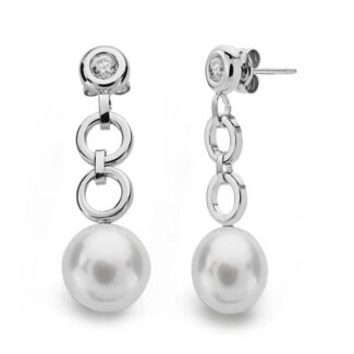 18K PENDIENTES ORO BLANCO PERLA CIRCONITA 29X9 MM CIERRE PRESION