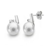 18K PENDIENTES ORO BLANCO PERLA CIRCONITA 12X8 MM CIERRE PRESION