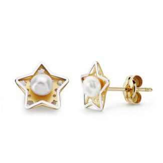 18K PENDIENTES ORO AMARILLO ESTRELLA Y PERLA 8X8 MM CIERRE PRESION