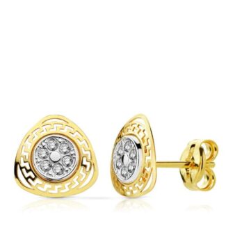 9K PENDIENTES ORO BICOLOR TRIANGULO CALADO GRECA CON CIRCONITAS, 8 X 8 MM