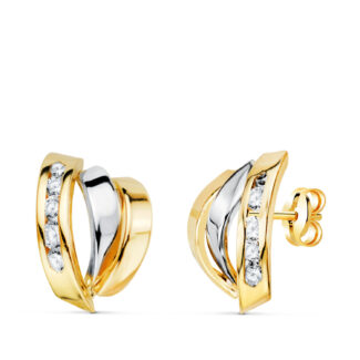 18K PENDIENTES ORO BICOLOR BANDAS CON CIRCONITAS, MEDIDA: 15X10 MM, CIERRE PRESION