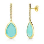 18K PENDIENTES PIEDRA AZUL ORO AMARILLO 33X12 MM CIERRE PRESION