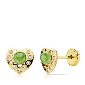 18K PENDIENTES ORO AMARILLO CORAZON PIEDRA VERDE Y CIRCONITA TUERCA
