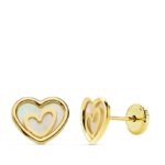 18K PENDIENTES ORO AMARILLO CORAZON NACAR 9X7 MM CIERRE TUERCA