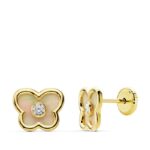 18K PENDIENTES ORO AMARILLO MARIPOSA CON NACAR 8X7 MM, CIERRE TUERCA