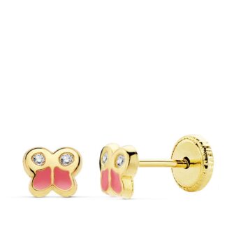 18K PENDIENTES ORO AMARILLO MARIPOSA ESMALTE 5X4,5 MM, CIERRE TUERCA
