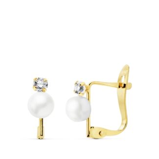 18K PENDIENTES CIRCONITA ORO BICOLOR 2,5 MM PERLA 4,5 MM CIERRE CATALAN