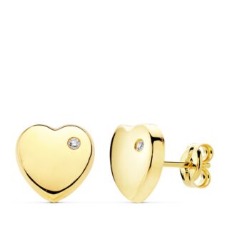 9K PENDIENTES ORO AMARILLO CORAZON BRILLO CON CIRCONITA 8X8 MM, CIERRE PRESION