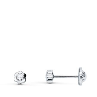 18K PENDIENTES ORO BLANCO FLOR CON CIRCONITA 3,5X3,5 MM CIERRE TUERCA