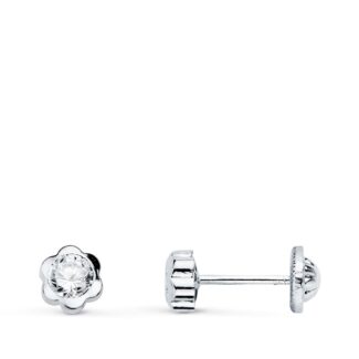 18K PENDIENTES ORO BLANCO FLOR CON CIRCONITA 5X5 MM CIERRE TUERCA