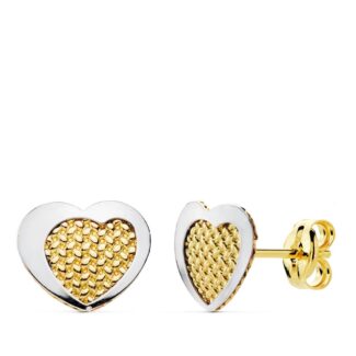 18K PENDIENTES ORO BICOLOR CORAZON 9X7 MM CIERRE PRESION