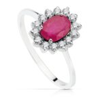 18K SORTIJA ORO BLANCO PIEDRA FINA RUBI 7X5MM CON CIRCONITAS