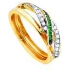 18K SORTIJA ORO BICOLOR BANDAS Y CIRCONITA BLANCAS Y VERDES, ANCHO CUERPO 6 MM