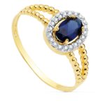 18K SORTIJA ORO BICOLOR ZAFIRO 6 X 4MM CON CIRCONITAS DOBLE CUERPO BOLITAS, ANCHO: 9,5 MM