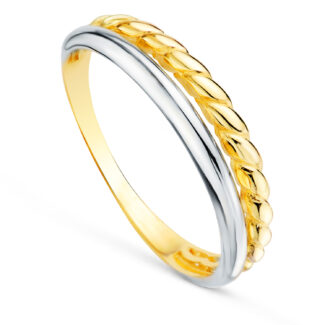 18K SORTIJA ORO BICOLOR DOBLE BANDA LISA Y RELIADA, ANCHO: 4MM