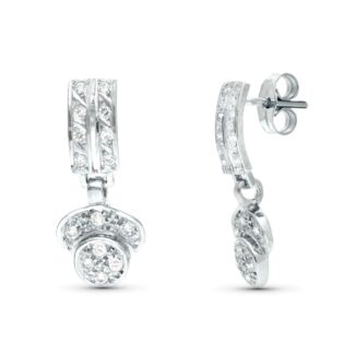 18K PENDIENTES ORO BLANCO JUEGO NOVIA DOS CUERPOS CIRCONITA 20X9 MM PRESION