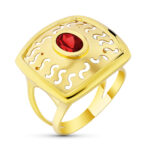 18K SORTIJA ORO AMARILLO MOTIVO CALADO CON CIRCONITA GRANATE, ANCHO: 20 MM
