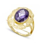 18K SORTIJA ORO AMARILLO CON PIEDRA OVAL AMATISTA, MEDIDA: 14X10 MM
