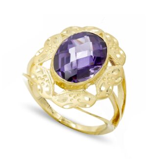 18K SORTIJA ORO AMARILLO CON PIEDRA OVAL AMATISTA, MEDIDA: 14X10 MM