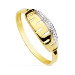 18K SORTIJA ORO BICOLOR CON MOTIVO CALADO GRECA Y CIRCONITAS, ANCHO: 6 MM
