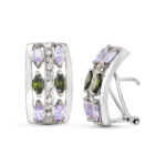 18K PENDIENTES PIEDRAS VERDES Y MALVA 18 X 11 MM CIERRE OMEGA