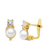 18K PENDIENTES OROA AMARILLO PERLA Y CIRCONITA 8X4 MM CIERRE CATALAN