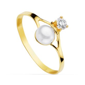 18K SORTIJA ORO AMARILLO CON PERLA DE 4,5 MM Y CIRCONITA, ANCHO: 8,5 MM