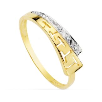 18K SORTIJA ORO BICOLOR CON MOTIVO DE GRECA Y CIRCONITAS