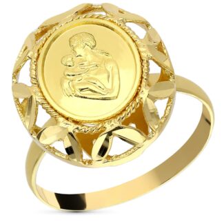 18K SORTIJA ORO AMARILLO MONEDA MADRE OVAL HOJAS TALLADAS, ANCHO: 16,5 MM