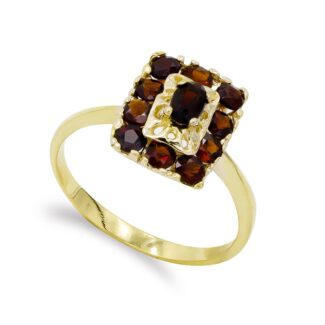 18K SORTIJA ORO AMARILLO CUAJO RECTANGULAR DE GRANATES, ANCHO: 12,5 MM