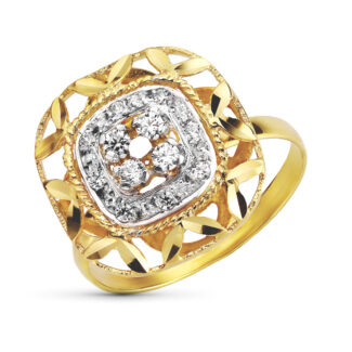 18K SORTIJA ORO BICOLOR CUADRADA CALADA CON HOJAS TALLADAS Y CIRCONITAS, ANCHO: 16 MM