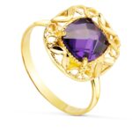18K SORTIJA ORO AMARILLO CIRCONITA AMATISTA EN CERCO TALLADO, MEDIDA: 14X14 MM