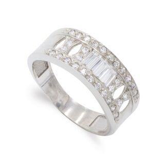 18K SORTIJA ORO BLANCO CON CIRCONITAS BAGUETTE Y REDONDAS, ANCHO: 7,5 MM