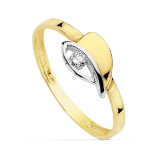 18K SORTIJA ORO BICOLOR CON HOJAS Y CIRCONITA, ANCHO: 6 MM