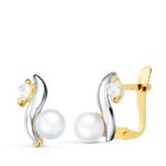 18K PENDIENTES ORO BICOLOR BANDAS Y PERLA DE 4,5 MM MEDIDA 10X7 MM CATALAN