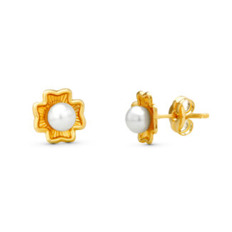 18K PENDIENTES ORO AMARILLO TREBOL PERLA 7X7 MM CIERRE PRESION