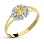 18K SORTIJA ORO BICOLOR MACIZA MOTIVO REDONDO CON FLOR Y CIRCONITAS, ANCHO: 8 MM