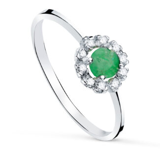 18K SORTIJA ORO BLANCO CON ESMERALDA 4MM Y 0,26 QTES Y CIRCONITAS, CUAJO 7 X 7 M
