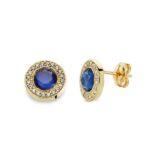 18K PENDIENTES ORO AMARILLO PIEDRA AZUL, 5MM CIRCONITA CIERRE PRESION