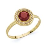 18K SORTIJA ORO AMARILLO REDONDO CON CIRCONITAS Y PIEDRA ROJA, MEDIDA: 9 MM