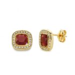18K PENDIENTES ORO AMARILLO PIEDRA ROJA 9X9 MM CIERRE PRESION