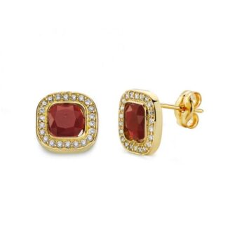18K PENDIENTES ORO AMARILLO PIEDRA ROJA 9X9 MM CIERRE PRESION