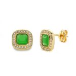 18K PENDIENTES ORO AMARILLO PIEDRA VERDE 9X9 MM CIERRE PRESION